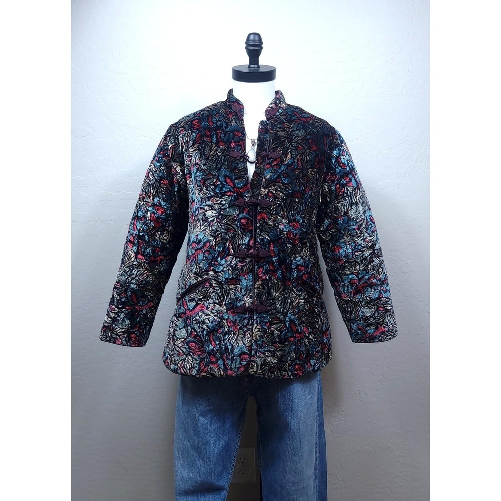 Vintage Velvet Quilted Jacket Women Large Statement Floral Frog Closures